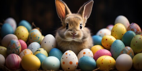 Cute Easter bunny with brightly colored eggs. Background for Happy Easter. Generative AI