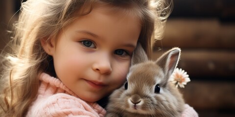 Little girl holding a cute bunny in her hands, Easter theme. Generative AI
