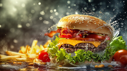 Advertisement photography of a burger with tomato, lettuce, and fries, featuring transparent oil...