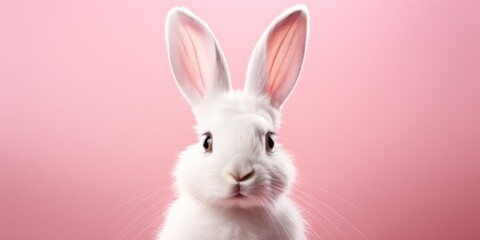 Small white rabbit on a pink background with place for text. Easter theme. Generative AI