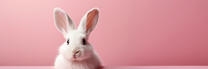 Pink Easter banner, with place for text. Small white rabbit on a pink background with space for text. Easter theme.