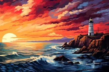 Foto op Aluminium a lighthouse on a cliff with waves © Elena