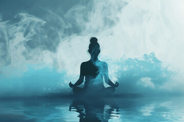 Sublime Tranquility, Silhouette of a Meditative Figure with Ethereal Blue Smoke on Water