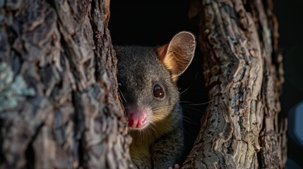 A small Common Brushtail Possum is seen sticking its head out of a hole in a tree. The animal appears curious and cautious as it surveys its surroundings. - obrazy, fototapety, plakaty