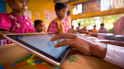A close-up of a teacher's hand using a tablet computer to take attendance of class 3 students in a...