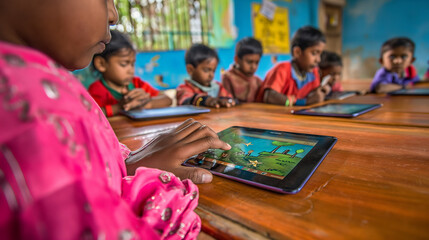 A close-up of a teacher's hand using a tablet computer to take attendance of class 3 students in a...