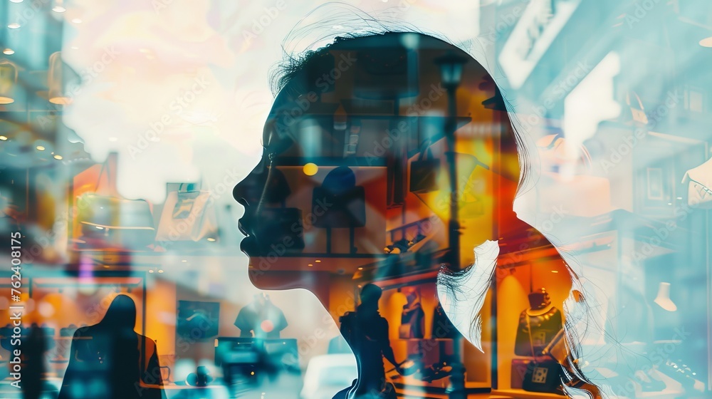 Poster a woman's face is reflected in a window, with a blurry background of people and cars. concept of lon