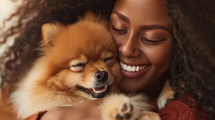 Shot of pleased dark skinned lady spends leisure time with Pomeranian spitz, has eyes shut, lips rounded, enjoys playing with fluffy pet indoor models indoor. Little domestic animal in hostess hands