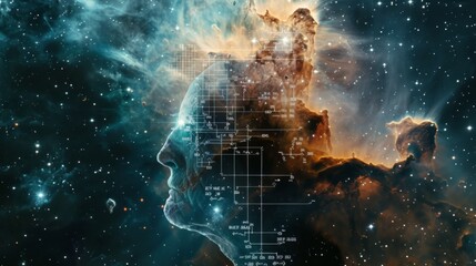 A persons head is depicted in the center of a vast expanse filled with twinkling stars, creating a surreal and celestial scene. - obrazy, fototapety, plakaty