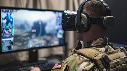 A military personnel wearing a VR headset engages with a virtual battlefield scenario on a computer, demonstrating the blend of technology and combat strategy in modern training