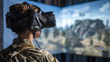 A soldier stands with a virtual reality headset against a simulated outdoor environment, illustrating the blend of technology and field training for enhanced military tactics