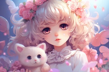 Blonde Girl with big brown eyes in pink floral wreath holding a White Kitten Plushie on a Petal-filled pink Blue Background. Fantasy dreamy illustration. Adorable little lady. - obrazy, fototapety, plakaty