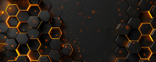 An abstract technological hexagonal background is presented in stylish black and opulent gold hues, accentuated by captivating highlights that add depth and allure to the design. - obrazy, fototapety, plakaty