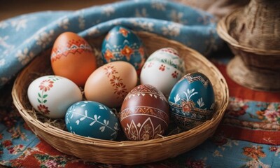 Easter still life with pysanka on traditional fabric. Decorated Easter eggs, traditional in Eastern European culture.