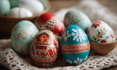 Fototapeta na wymiar Easter still life with pysanka on traditional fabric. Decorated Easter eggs, traditional in Eastern European culture.