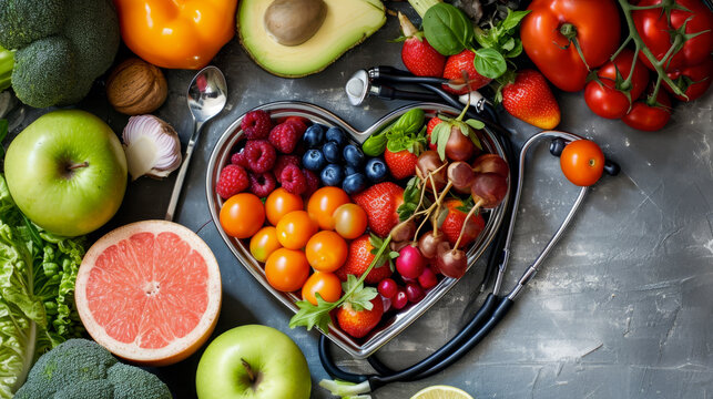 Heart-shaped bowl filled with variety of fresh fruits and vegetables with stethoscope, on dark textured background. Symbolic image of heart health and cardiovascular nutrition with space for text