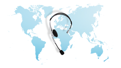 Headset top view a blue world map background, symbolizing support for international travel booking for vacations, business trips, and trade logistics, including import and export delivery