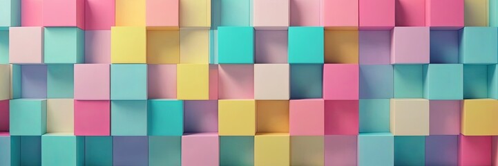 Abstract bright geometric pastel colors colored 3d gloss texture wall with squares and rectangles background banner illustration panorama long, textured wallpaper - obrazy, fototapety, plakaty