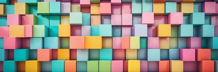 Abstract bright geometric pastel colors colored 3d gloss texture wall with squares and rectangles background banner illustration panorama long, textured wallpaper