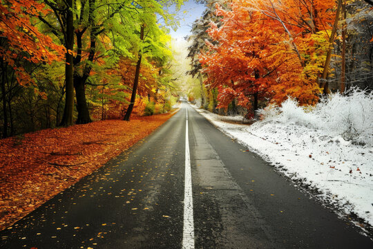 Combining images of the winter and autumn seasons on a road in the forest visually depicts the transition from snowy to colorful foliage, capturing the changing seasons and natural beauty.