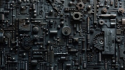 techno backgrounds - black oiled Bunch of screws on a dark grey cardboard - obrazy, fototapety, plakaty
