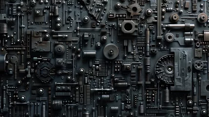 Foto op Plexiglas techno backgrounds - black oiled Bunch of screws on a dark grey cardboard © Emil