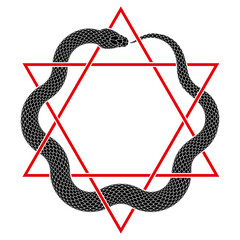 Vector tattoo design of snake bites its tail intertwining with hexagram sign. Isolated silhouette of ouroboros symbol.