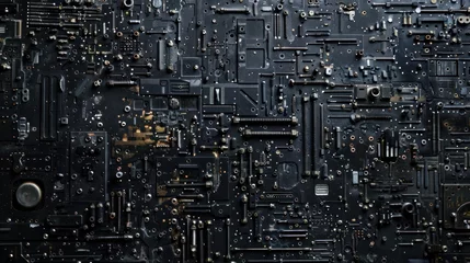 Foto op Plexiglas techno backgrounds - black oiled Bunch of screws on a dark grey cardboard © Emil
