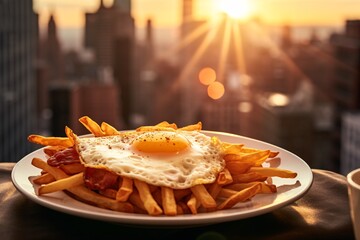 a plate of french fries with a sunny side up egg - obrazy, fototapety, plakaty