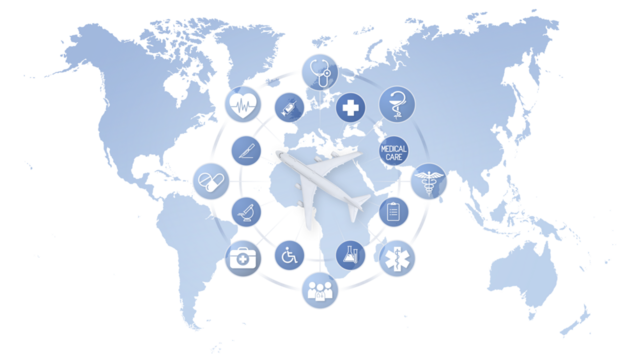 Top view of airplane on world map and medical icons background, medical insurance travel concept whether it's a summer beach vacation or a business trip. Health and safety