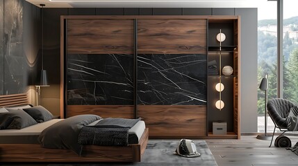 Enhance the modern appeal of your bedroom with a Scandinavian-inspired interior by incorporating a wooden wardrobe accented with sleek black marble doors.  attractive look