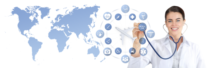 smiling doctor with stethoscope and airplane on world map and medical icons background, medical insurance travel concept whether it's a summer beach vacation or a business trip. Health and safety