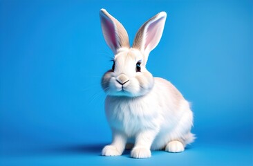 Obraz premium happy Easter. The banner. A rabbit is sitting on a blue background. An atmospheric, beautiful, stylish postcard. Holiday. Copy space.