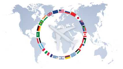 Top view of airplane on world map background with flags, support office for international travel booking for vacations or business trips