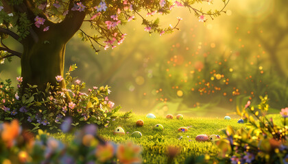 Easter themed eggs scattered on a grass field with colorful flowers and tree in the rising sun light - obrazy, fototapety, plakaty