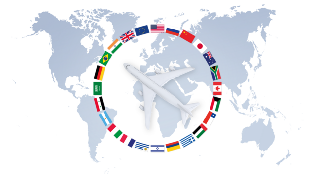 Top view of airplane on world map background with flags, support office for international travel booking for vacations or business trips