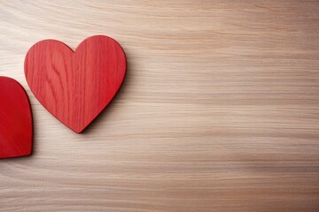 One full and one half red heart shape resting on a textured wooden surface, conveying warmth and affection. Red Heart Shapes on Wooden Texture