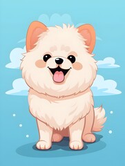 Cheerful Fluffy White Puppy with Joyful Smile Playing Outdoors Against Cloudy Sky