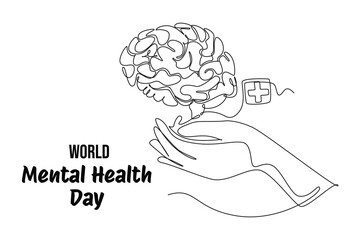 Mental Health Awareness Month banner design. Simple continuous line drawing of brain and health plus sign above hand. Care about mental health. Health concept design. May is Mental Healt Awareness Mon