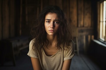 Fototapeta premium Despondent Sad upset young woman. Tired young sad female stress pain. Generate Ai