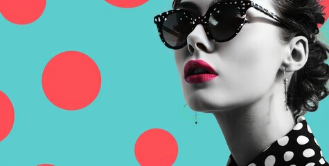 Retro Chic Woman with Polka Dots, stylish woman in polka dots exudes vintage glamour against a backdrop of bold red and turquoise circles, with accentuated red lipstick and sunglasses
