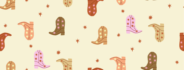 Wild west colorful cowgirl boots seamless pattern. Boho hand drawn background - obrazy, fototapety, plakaty