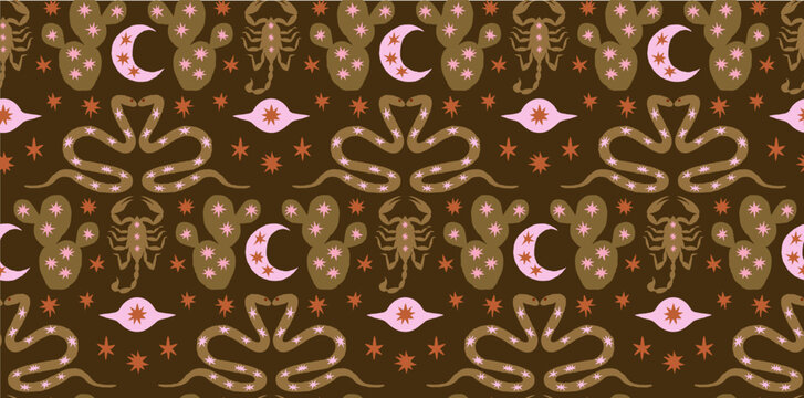 Wild west snake and scorpion seamless pattern. Boho hand drawn background