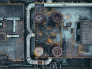Top-down shot of an industrial setting with imposing pipes and tanks, implying a sense of scale and complexity.