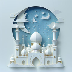 Beautiful Ramadhan card with an image of the Mosque in a paper-cut style and isolated on a white background