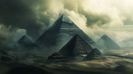 Fotobehang Several pyramids stand tall in the vast desert landscape under a dark sky © Mars0hod
