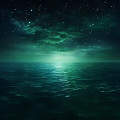 Fototapeta na wymiar A black sky green background light water and stars