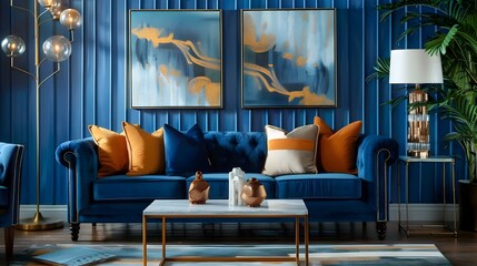 Soothing Blue Contemporary Living Room with Refined Accents and Lustrous Gold Lighting