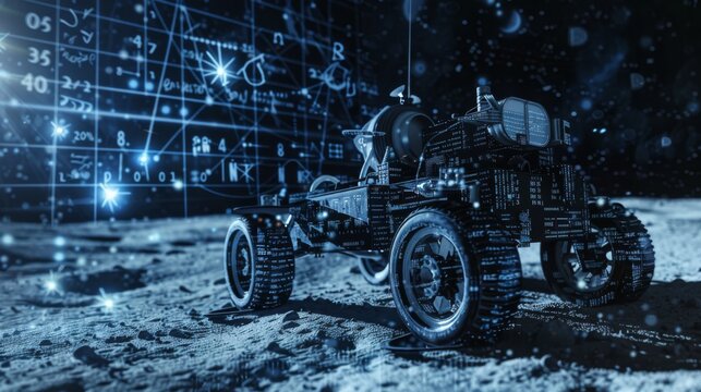 A robot is on a planet with a lot of numbers and equations. The robot is surrounded by a lot of stars and the sky is blue