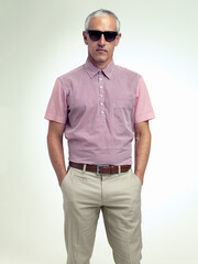 Confident, older or man in business, fashion or stylish outfit and apparel on white background....